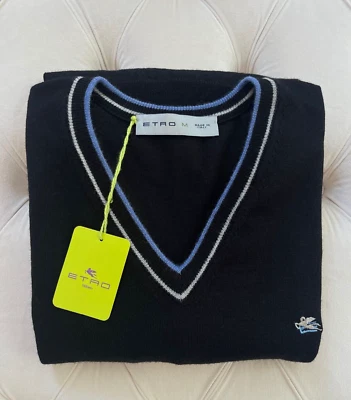 New ETRO Milano Pullover Lana Wool Knit Logo V neck Black Sweater Size M