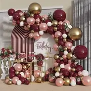 LDFWAYAU Burgundy Balloon Garland Arch Kit 135Pcs - Wine Red Rose Gold White Metal Gold Balloons with Strip Tape for Baby Shower Wedding Birthday Party Decorations (Burgundy)