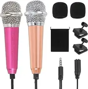 uxcell 2Pcs Mini Microphone, Mic Tiny Microphone with Sponge Cover, Holder and Drawstring Bag Portable for Karaoke Voice Video Recording Singing (Rose Red/Gold)