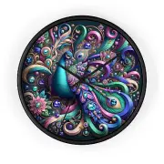 Home Decor Wall Clock Peacock Retro Glam Artwork Gemstones Ribbons