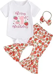 [Frietlebird] First Birthday Outfit Baby Girl Letter Strawberry Romper Bell Bottoms Pants 1st Birthday Girl Outfit Gift