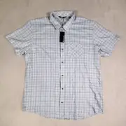 Travis Mathew Budapest Mens XXL Short Sleeve Heathered Blue Check Rayon NWTS