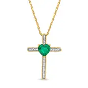5.0mm Heart-Shaped Emerald and 0.05 CT. T.W. Natural Diamond Antique Vintage-Style Cross Pendant in 10K Yellow Gold