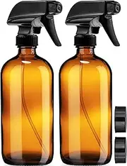 Empty Amber Glass Spray Bottles with Labels (2 Pack) - 500ml Refillable Container for Essential Oils, Cleaning Products, or Aromatherapy - Durable Black Trigger Sprayer w/Mist and Stream Settings