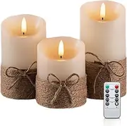 Flickering Flameless Ivory Candles Realistic LED Candles with Remote Control and Timer Battery- Operated Candles. (Hemp Rope Flameless Candles Set of 3)