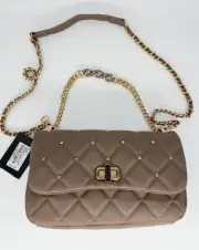 NWT Badgley Mischka Taupe Brown Studded Quilted Shoulder Bag Top Handle
