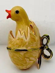 Rare Signed Erwin Pearl Vintage Gold Plated Enamel Chick Egg Bow Pin Brooch
