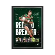 ALEX JOHNSTON SOUTH SYDNEY RABBITOHS SIGNED FRAMED RECORD BREAKER LITHOGRAPH