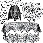 5pack Halloween Decorations Tablecloth Runner Black Lace Round Spider Cobweb Table Cover Fireplace Mantel Scarf Spiderweb Fireplace Scarf Spider Lampshade with 36pcs Scary 3D Bat for Halloween Party