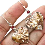 Heart Natural Rosetta Picture Jasper & Garnet 925 Silver Earrings Jewelry E-1002