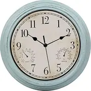 LOTCAIN 12 Inch Indoor Outdoor Retro Waterproof Wall Clock with Thermometer and Hygrometer, Battery Operated Quartz Round Wall Clock Silent Non Ticking Home Decor,Blue