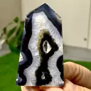 85G Natural black blossom stripe agate ObeliskQuartz Crystal Tower Healing