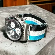 NEW LIMITED EDITION Swatch Irony SKYBOND Chronograph Striped Nylon Blue Wh Watch