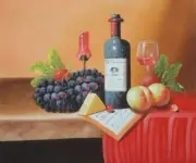 20x24 Grapes Peaches Cherry Script Red Wine Bottle Glass Oil Painting Classic