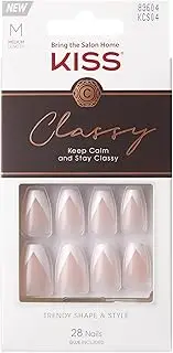 KISS Classy French Nail Manicure Kit with Gel Finish, Medium, Coffin Shaped, “Silk Dress”, Gel Nail Kit Includes Pink Nail Glue (Net Wt. 2 g / 0.07oz.), Mini File, Manicure Stick, and 28 Fake Nails