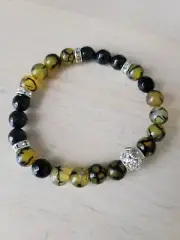 Dragon Vein Agate and Faceted Black Agate Beaded Stretch Bracelet 6.5 inches