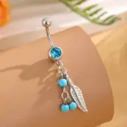 Feather Blue Crystal Turquoise Dangle Surgical Steel CZ Navel Belly Button Rings