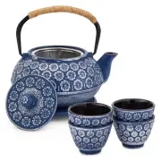 6 PCS Set 34 Oz Japanese Blue Cast Iron Teapot with Infuser, 4 Teacups, Trivet