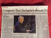 OBITUARY BURT BACHARACH 1928 - 2023 POP MUSIC COMPOSER SAN JOSE GRAMMY OSCAR