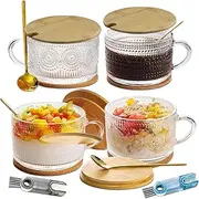 4pcs Vintage Coffee Mugs Set, Clear Embossed Tea Cups with Bamboo Lids and Spoons, 400ml Glass Milk Cups, Cute Coffee Bar Accessories, Coffee Glasses, Ideal for Cappuccino, Latte