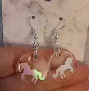 *Handmade Resin Earrings* Clear Circles With Metallic Unicorn, Silver Hooks