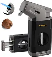 HONEST Torch Cigar Lighter with Windproof Jet Flame, Built-in V Cigar Cutter, Refillable Butane Torch Lighter, All-in-one Cool Lighters for Smoking, Cigars (Black)