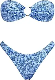 [VOLAFA] Triangle Bikini Set for Women O Ring Strapless Tie Back Swimsuit Bandeau Textured Two Piece Bathing Suit, Light Blue Retro, 8