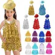 Kid Girls Salsa Samba Rumba Cotume Sequins Tiered Hip-hop Latin Modern Dancewear