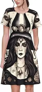 [JEJEA] Magic Witch Witchcraft Bohemian Print Women Summer Casual Short Sleeve Crewneck Aline Swing Flowy Shirt Beach Dress 2025
