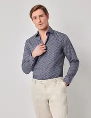 Hawes & Curtis Navy & White Small Geo Slim Curtis Shirt Size: XXL