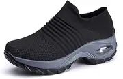 [DUOYANGJIASHA] Womens Comfortable Walking Shoes Breathable Mesh Slip On Air Cushion Tennis Sock Sneakers Shoe Casual Running Shoes Wedge Platform Loafers Black Size: 7