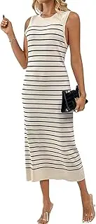 [IWEMEK] Striped Knitted Dress for Women Summer Dress Sleeveless Midi Dress Bodycon Tank Dress Casual Dresses Summer Midi Dress Jumper Dress Beach Dress Maternity Dress Holiday Dress, Black