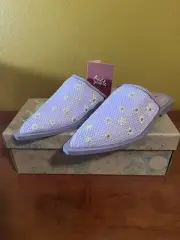 Free People Flat Shoes Womens Sz 8 Becky Daisy Mules Embroidered Stormy Lavender