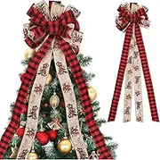 Christmas Tree Topper Bow superlong, 44x12.6 Inches Large, Red Black Grid Non-Woven Fabric Gift Bow for Xmas Ornament Holiday Wedding Thanksgiving Indoor/Outdoor Decoration