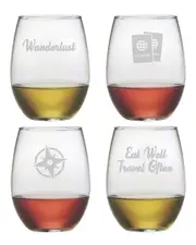 Susquehanna Glass "Travel Icons" Set of 4 Stemless Wine Glasses