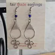 African - Handmade- Dangling Earrings with Blue Beads- Fair Trade - Kenya- NWT
