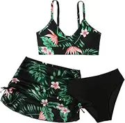[Happy Cherry] Girls' Bikini Sets 3 Children's Floral Print Swimsuit Summer Swimwear Set with Skirt Teenager Beach Swimsuits Bikini for 8-14 Years, Black, 140