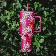 KATYDID MULTICOLORED MAROON FLORAL WOMEN'S TUMBLER W/HANDLE & STRAW-BRAND NEW