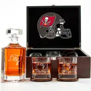 Tampa Bay Buccaneers - Engraved Football Whiskey Decanter 2 Glasses In Wood Box