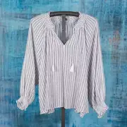 Old Navy Linen Blend Nautical Stripe Peasant Top Womens SZ XL Beach Coastal Boho
