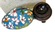 Vtg Enamel Egg Cloisonne Collectible Egg on Stand 3"H Blue Floral New in Box