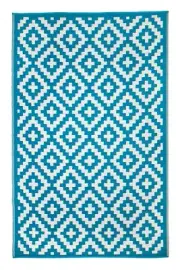 Aztec Teal Pattern Monochrome Recycled Plastic Waterproof Outdoor Rug Patio Rug