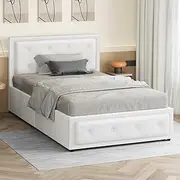 ALFORDSON Bed Frame Base with Gas Lift Storage King Single Size Della Series, Mattress Topper Platform Foundation with PU Leather Upholstery for Bedroom, White
