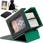 CardNovux Card Deck Box with Commander Display, Storage Box Holds 100+ Double Sleeved Cards, Game & Sports Case with 2 Dividers, 1 Top Loader and 1 Dice Bag (Green)