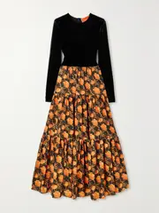 [La DoubleJ] La DoubleJ - Big Velvet And Floral-print Twill Maxi Dress - Orange - x small x small Orange