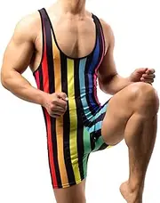 [WMIERFI] Men Striped Bodysuit Wrestling Singlet Seamless Active Jumpsuit One Piece Base Layers Athletic Supporters Leotard