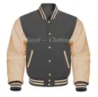 Baseball Varsity Letterman Bomber Dark-Grey Wool & Genuine Cream Leather Sleeves