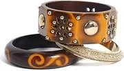 [www.indianfashionmart.com] Cifteteli Delight - Handmade Indian Bangles for Women, Set of 3 in Brunette Brown Resin Yellow Highlights Fret Work Carving Smoking Art Tribal Insignia Engraved Brass by Pure Hands