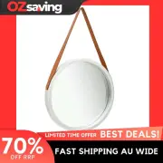 round mirror vintage decor faux leather 50cm silver brown 0366