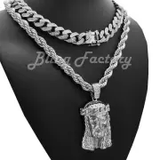 Silver Nugget Jesus Pendant & 8mm 24" Rope Chain & 18" Iced Cuban Chain Necklace